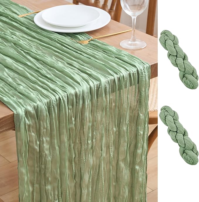 Asee'm 2pcs Sage Green Cheesecloth Table Runner Summer 10FT Gauze Sheer | Boho by Aseem