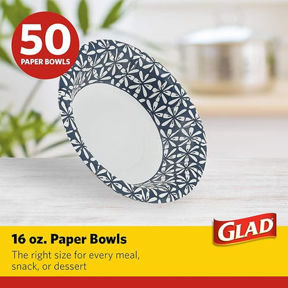 Glad Round Disposable Paper Bowls, Blue Mosaic Design - Heavy Duty, Soak Proof, Cut-Resistant, Microwavable Bowl for All Foods & Daily Use, 16 Oz, 50 Count