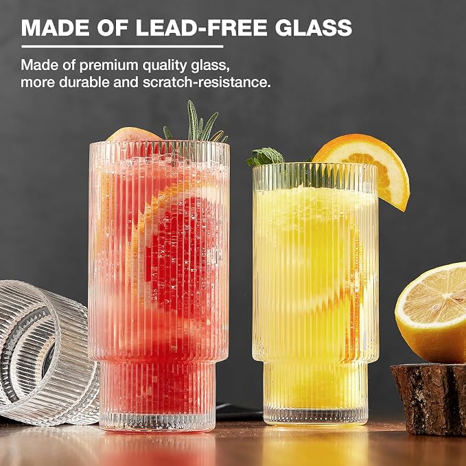 Qipecedm® 6 Pack Ribbed Drinking Glasses, 16 oz Vintage Glass Cups, Highball - Image 5