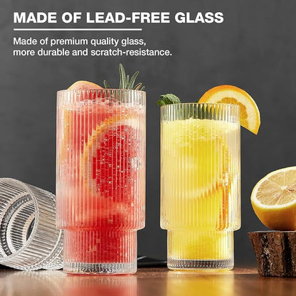 Qipecedm® 6 Pack Ribbed Drinking Glasses, 16 oz Vintage Glass Cups, Highball - Image 5
