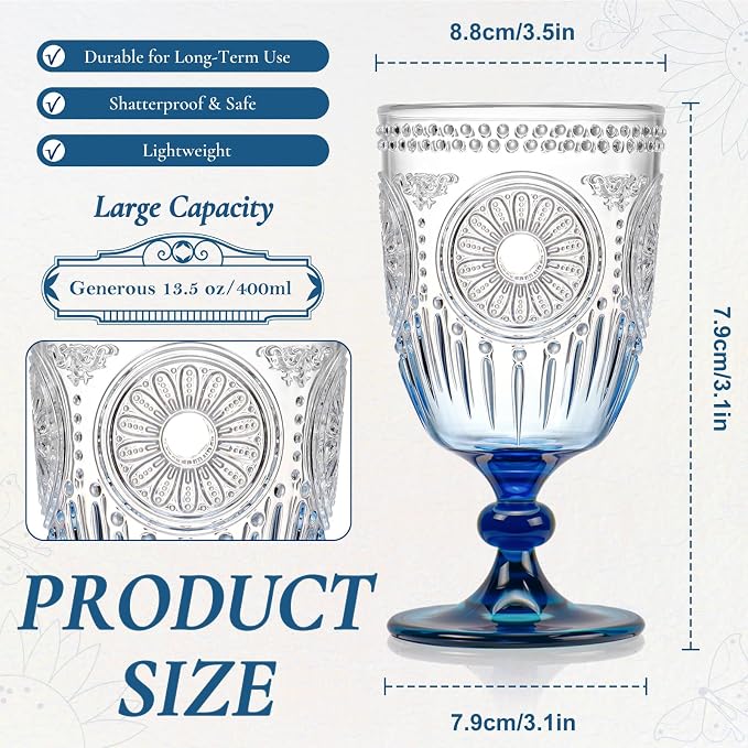 XUWAIDSGN Plastic Vintage Wine Glasses 13.5oz Reusable Embossed Goblet Glasses - Image 2