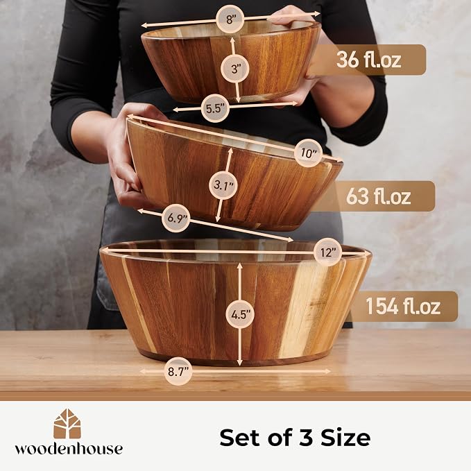 Wooden Salad Bowl Set of 3, Round Wood Bowls - Image 4