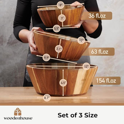 Wooden Salad Bowl Set of 3, Round Wood Bowls - Image 4