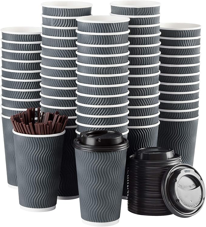 Disposable Coffee Cups with Lids and Straws - 16 oz Togo Hot Paper Coffee Cup by SPRINGPACK