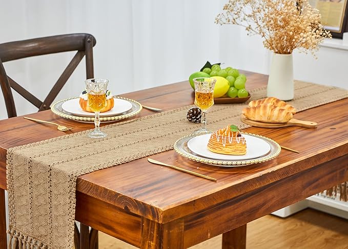 Boho Table Runner Fall Burlap Brown Coffee Table Decor 12x72 Inch | 72 Inches - Image 5