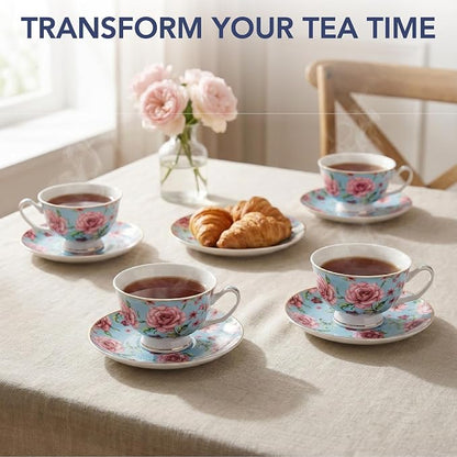 BTaT- Floral Tea Cups and Saucers, 8 oz, Fine Porcelain Teacup Set - Image 5