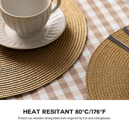 Round Placemats Set of 4 Plastic Woven Placemats Washable Wipeable Table Mats for Dining Table Heat Resistant Non-Slip Circle Place Mats (Tan)