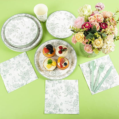 175Pcs Sage Green Floral Paper Plates and Napkins 25 Guests Green Toile - Image 9