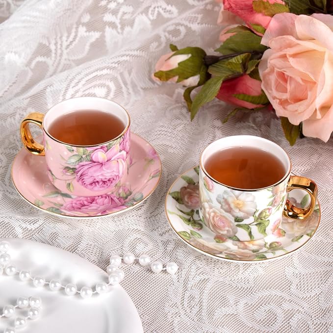 KAMMAK Tea Cups and Saucers Set of 2, Porcelain Coffee Cups, JBE025 | Stackable - Image 5
