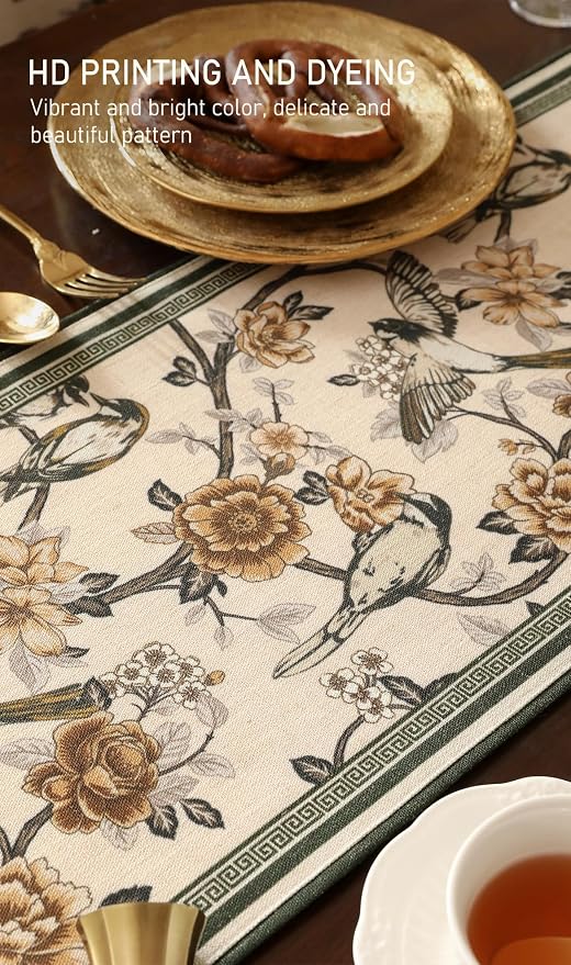 Designer French Linen Table Runner, Floral and Bird Pattern, Dining Table - Image 4