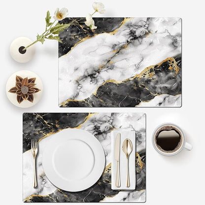 Mcalk Black Marble Table Runner and Placemats Set of 6, Marble Print Placemats, Modern Cloth Place Mats Indoor for Kitchen,Washable Linen Material for Dining Table