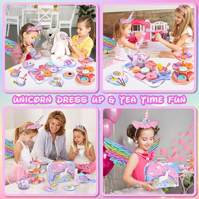 Tea Party Set for Little Girls, Unicorn Wings & Headband, Carrying Case - Image 4
