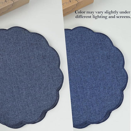 AHHFSMEI Round Faux Linen Placemats Set of 4 Waterproof Table Mats Heat Resistant Non-Slip and Stain Proof for Kitchen Dining Elegant Decor (Navy Blue,4)