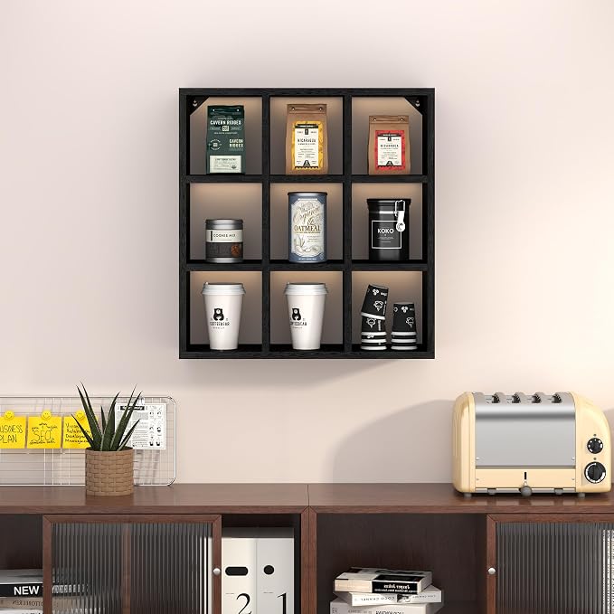 Helsin 9 Grid Vintage Coffee Mug Display Rack, 16inch Wall Mounted Wooden Curio - Image 2