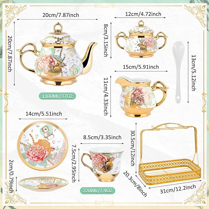22 Pcs Porcelain Tea Set with Metal Holder, Vintage European Floral Tea Set - Image 2