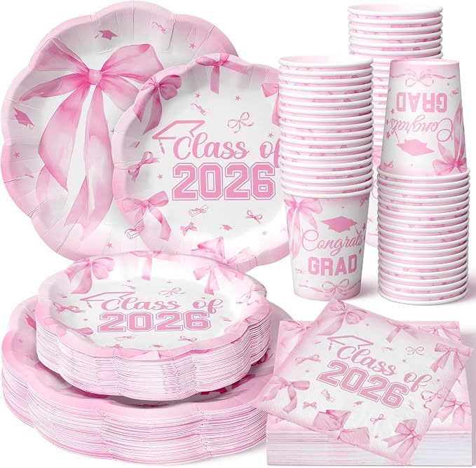 250 Pcs Pink Bow Graduation Disposable Paper Plate Napkins | Congrats Grad by Newtay