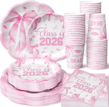 250 Pcs Pink Bow Graduation Disposable Paper Plate Napkins | Congrats Grad by Newtay