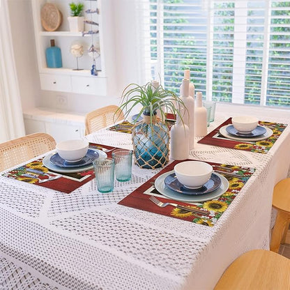 Watercolor Red Barn Cock Placemat Set of 4, Rooster Sunflowers Heart Heat-Resistant Washable Table Place Mats for Kitchen Dining Table Decoration