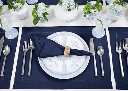 Solino Home Linen Cloth Placemats Set of 6-100% Pure Linen Hemstitch Navy Blue Placemats 14 x 19 Inch - Classic Hemstitch Table Place Mats for Winter, Easter