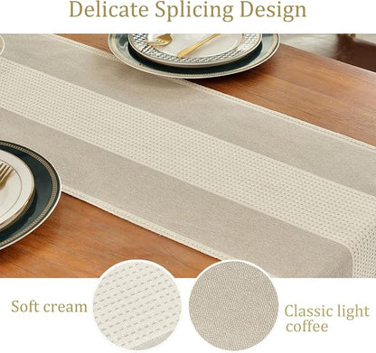 Wracra Linen Table Runner, Stripe Table Runners 108 Inches Long Light Coffee - Image 3