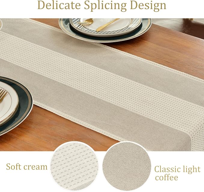 Wracra Linen Table Runner, Stripe Table Runners 72 Inches Long Light Coffee | - Image 3