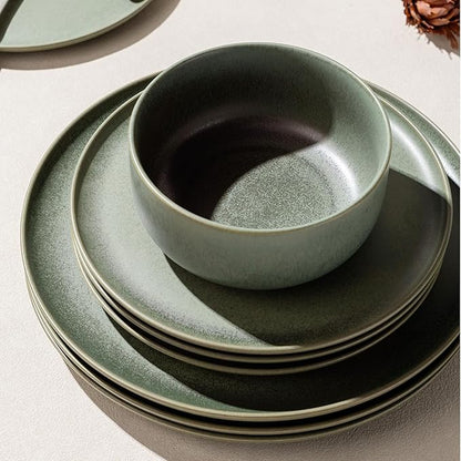 LERATIO Stoneware Dinnerware Sets for 4,Handcarft Ceramic Plates and Bowls Sets,Chip and Scratch Resistant Dishes, Dishwasher & Microwave Safe, Oven safe,Reactive Glaze-Green