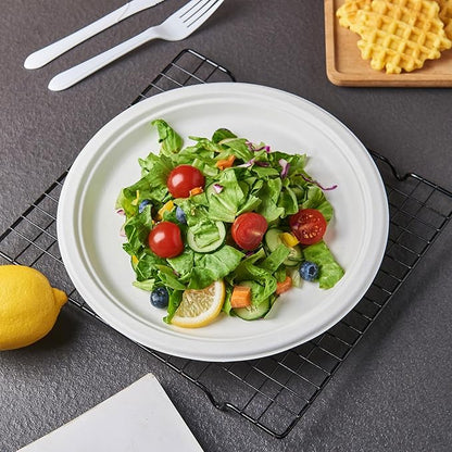 [150-Pack 10 Inch Paper Plates, Heavy Duty Disposable Party Plates Sugarcane Bagasse, White Unbleached 10" Dinner Paper Plate