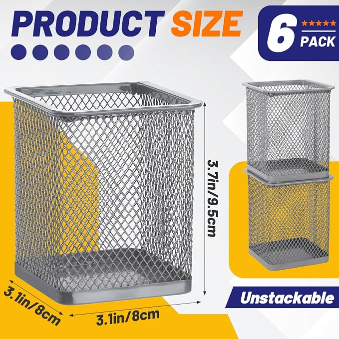 Segarty Pen Cup Holder, 6 Pack Square Silver Pen Holder - Image 2
