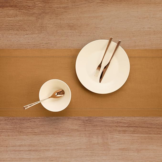 Solino Home 100% Pure Linen Table Runner Brown Sugar Hemstitch, 14 x 120 in | - Image 3
