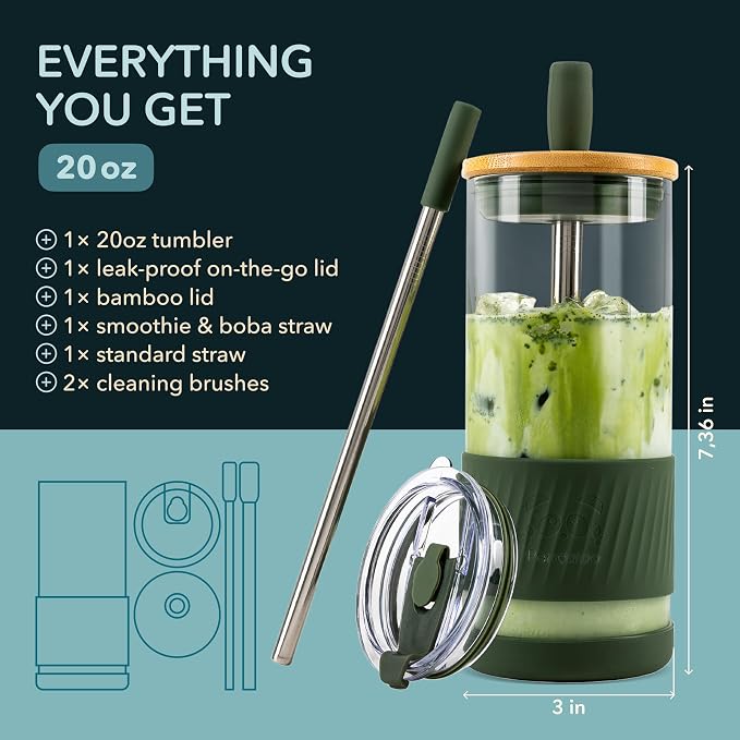 Pandaloo® Glass Cups With Lids and Straws -20 Fl Oz- Perfect Size Iced Coffee - Image 2