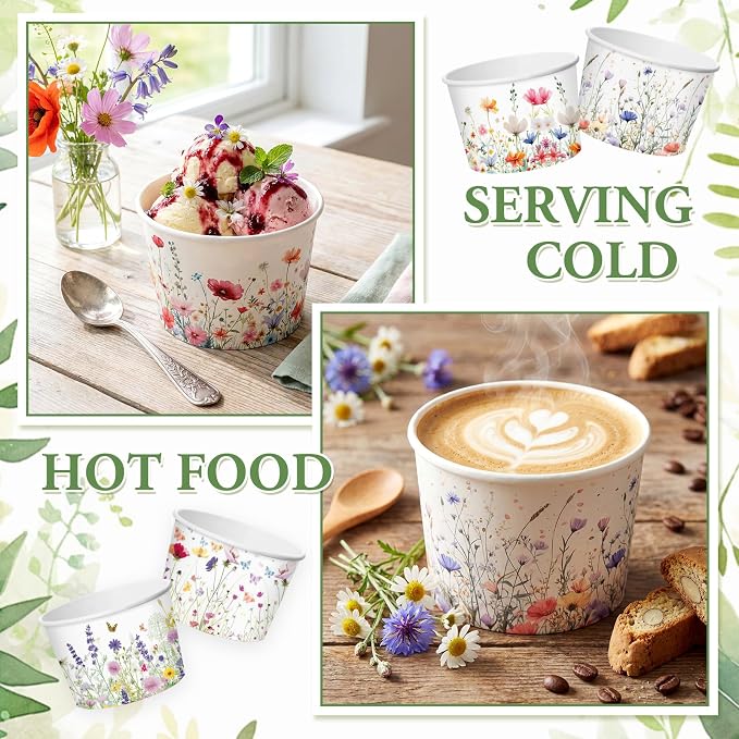 CHENGU 60 Pcs Wildflower Snack Cups 9 oz Flower Ice Cream Paper Bowls - Image 3