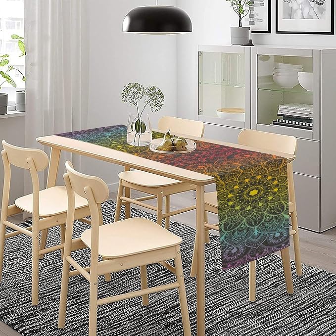 YCness Retro Ethnic Boho Table Runner, Mandala Hippie Art Mandala Rainbow - Image 4