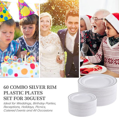 FOCUSLINE Silver Plastic Plates Set of 60, Disposable Plates with Silver Rim 30 Dinner Plates 10" and 30 Salad Dessert Appetizer Plate 7", Elegant Fancy Heavy Duty Wedding Party Plates