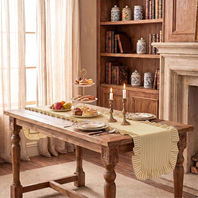 HunnmingRe Ruffle Trim Boho Table Runner Farmhouse Rustic Stripes Scalloped - Image 9