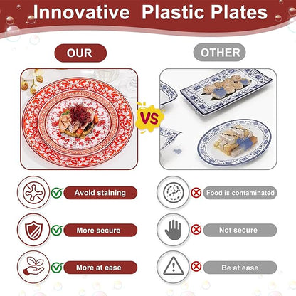 Hioasis 60pcs Red Plastic Plates Set - Floral Red & White Porcelain Design, 10.25" Dinner & 7.5" Dessert Plates Disposable for Christmas (Dishwasher Safe, Art Style)