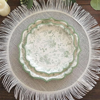 50 Pack 8" Sage Green Dessert Plates in French Toile Floral Pattern, Disposable Round Paper Appetizer Salad Plates 300 GSM for Party Decoration