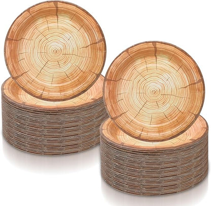 120 Pcs Wood Grain Paper Plates 7 Inch Farmhouse Round Disposable Plates Rustic Wood Slice Dish for Lumberjack Birthday, Christmas Dinner Supplies for Baby Shower, Woodland Party