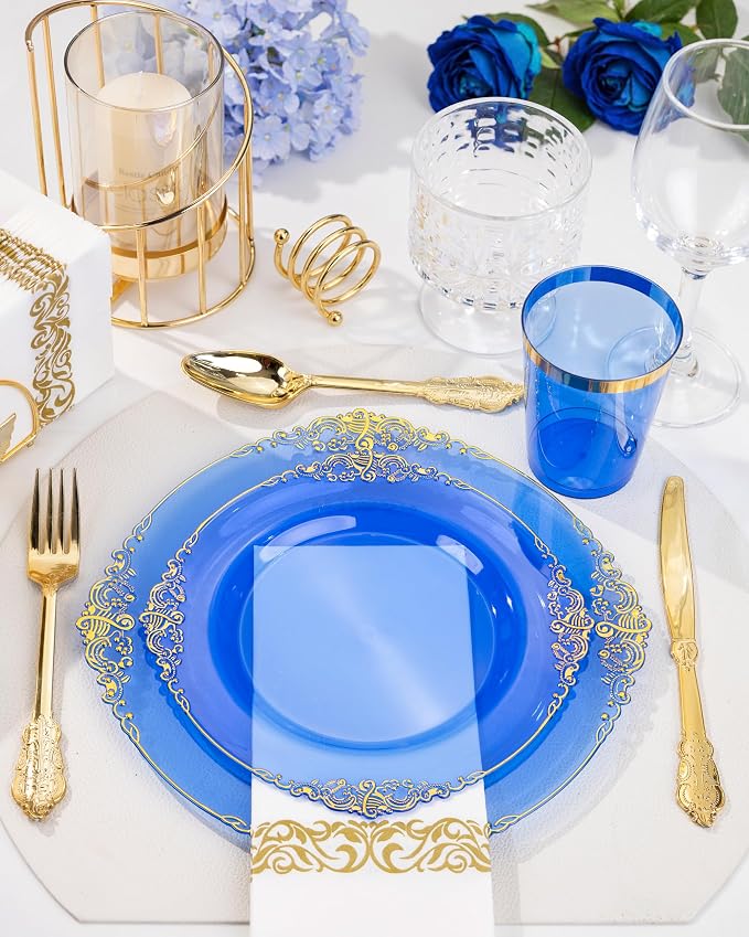 Nervure 350Pcs Blue Plastic Plates, Plastic Dinnerware Set - Image 3