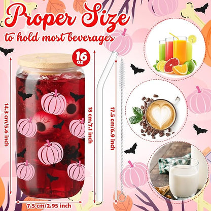 Sliner 2 Pcs Halloween Glass Cups Pink Pumpkin Bat Drinking Tumbler Fall - Image 5