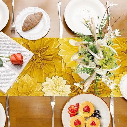 Yellow Dahlia Flower Summer Table Runner Yellow Gray Burlap Table Runners - Image 8