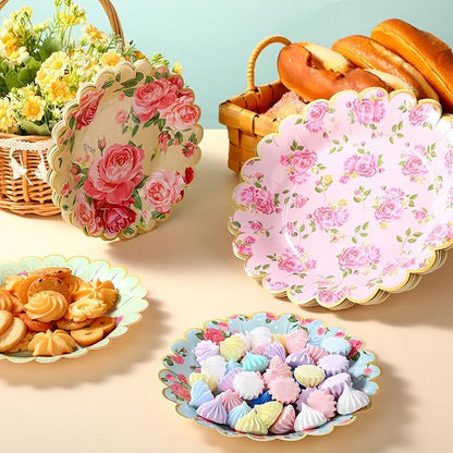 Pasimy 64 Pcs Floral Vintage Plates Paper Tea Party Tableware Set 9 Inch and 7 Inch Plates for Tea Party Birthday Baby Shower Wedding Bachelorette Party Supplies(Rose)
