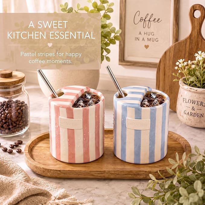 2 Pack Ceramic Coffee Mug with Sip Hole, Light Blue, Retro Hand Painted Striped - Image 7