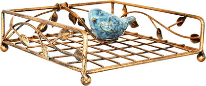 OwlGift Collection Bronze Coated Metal Flat Napkin Holder Dispensing Stand w/Ceramic Bird, Kitchen and Countertop Flat Napkin Storage Organizer
