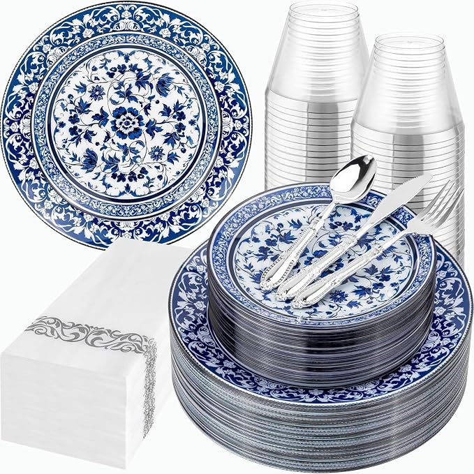 175 Pcs Blue Plates for Party & Wedding | Floral Disposable Dinnerware Set. by Hioasis