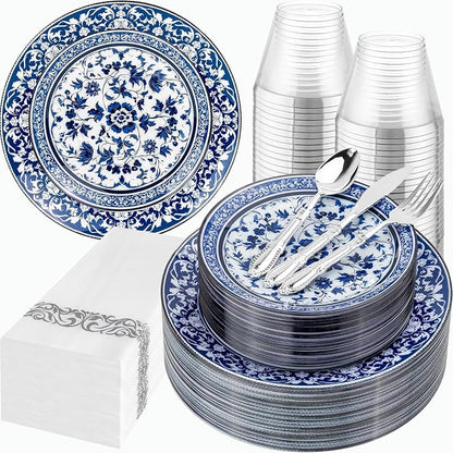 175 Pcs Blue Plates for Party & Wedding | Floral Disposable Dinnerware Set. by Hioasis