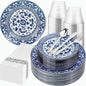 175 Pcs Blue Plates for Party & Wedding | Floral Disposable Dinnerware Set. by Hioasis