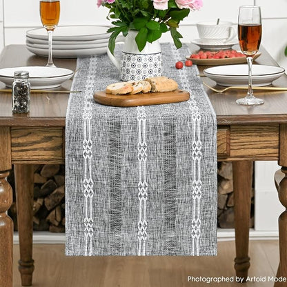 Artoid Mode Dark Grey Farmhouse Embroidered Hollow Table Runner, Seasonal - Image 2