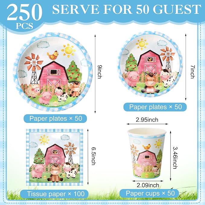 Pickmesh 250 Pcs Farm Animals Party Supplies Decorations Serve 50 Blue Farm - Image 2