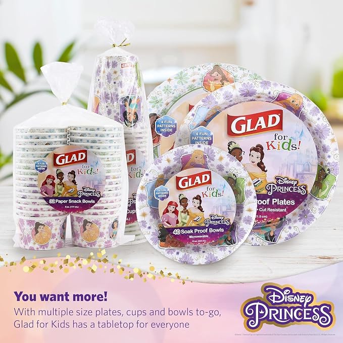 Glad for Kids Disney Princess Kids Disposable Bowls, 12 Oz, 40 Ct, 8-Pk | Sturdy - Image 6