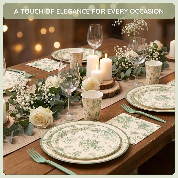 100 Pcs Disposable Sage Green Floral Tableware Set - Image 2